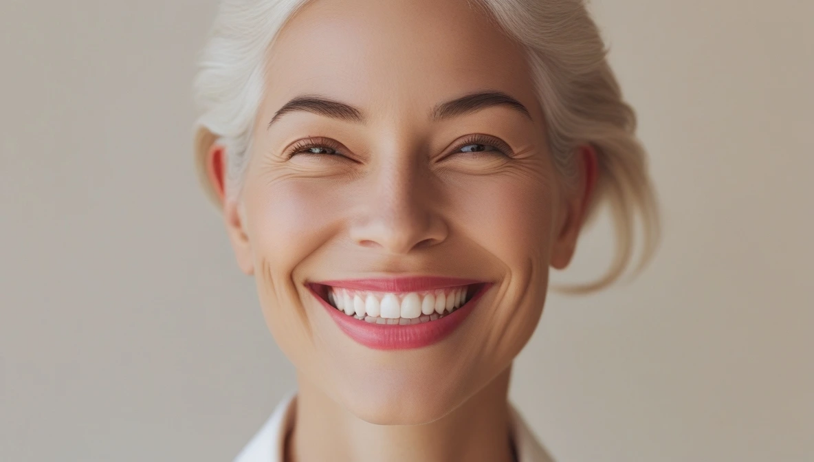Confident woman 35+ smiling with Prodentim – healthy teeth, clear sinuses, and digestion